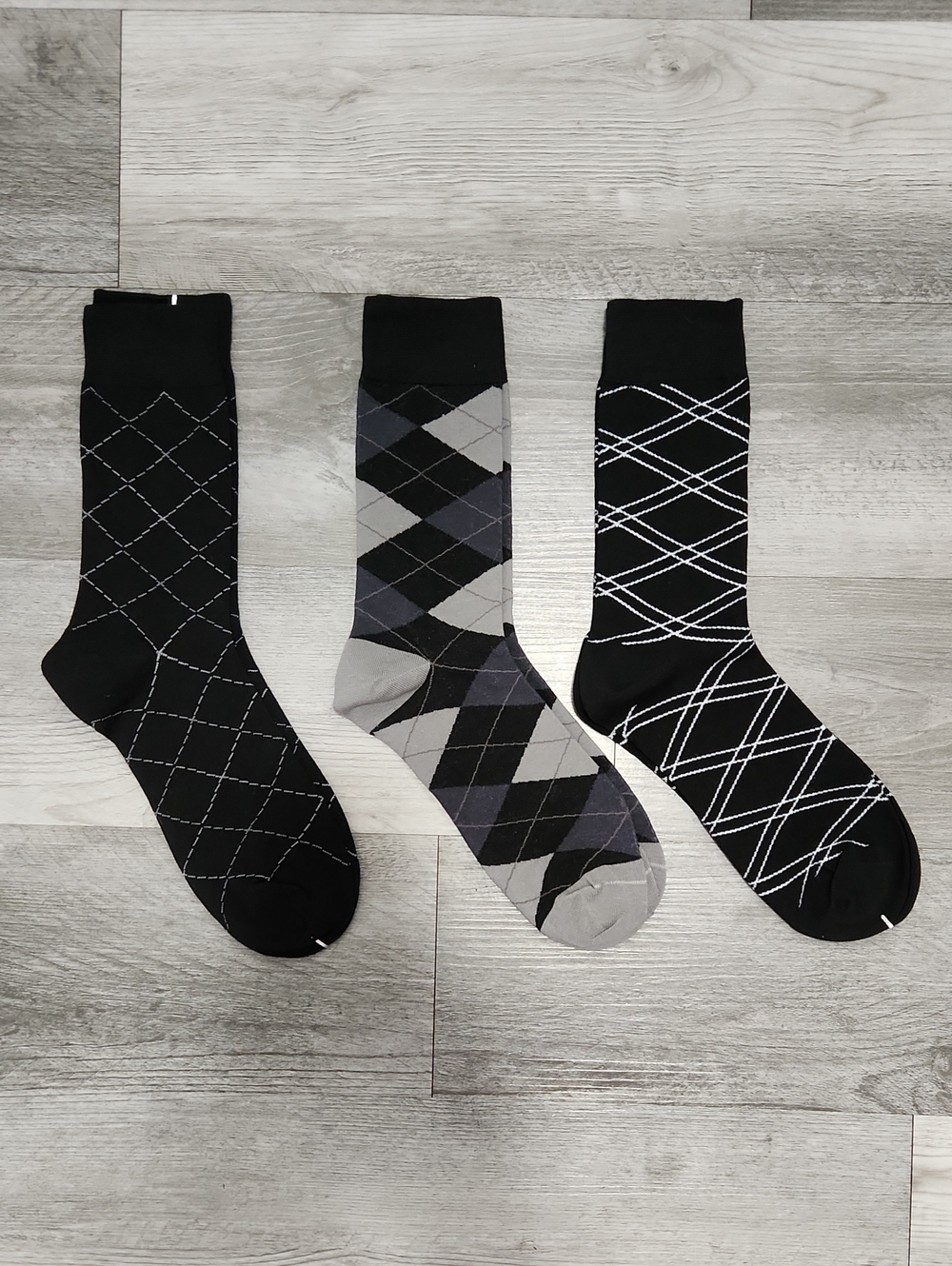 3 Pack Black Dress Socks White Gray Argyle Pattern Design Mens 9 - 11 Womens M